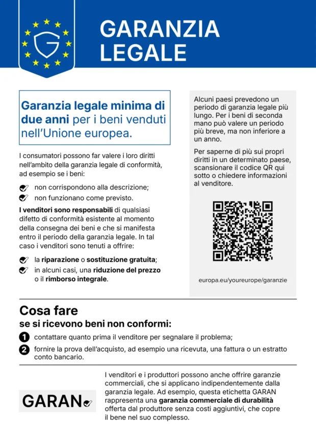 Garanzia Legale Avviso armonizzato sulla garanzia legale di conformità — modello europeo, versione italiana.