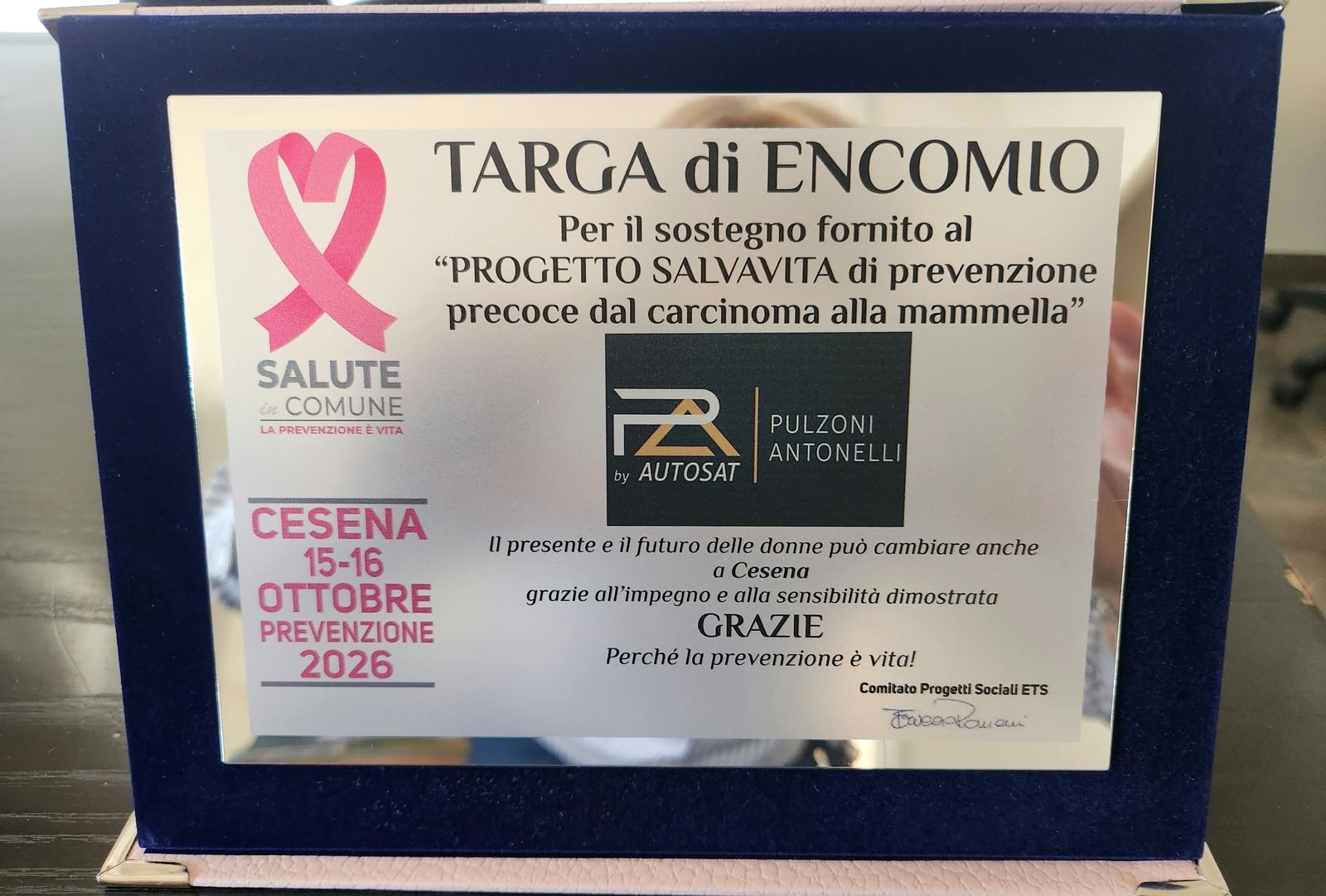 Targa di encomio di Salute in Comune per Pulzoni Antonelli, Progetto Salvavita, Cesena 15-16 ottobre 2026